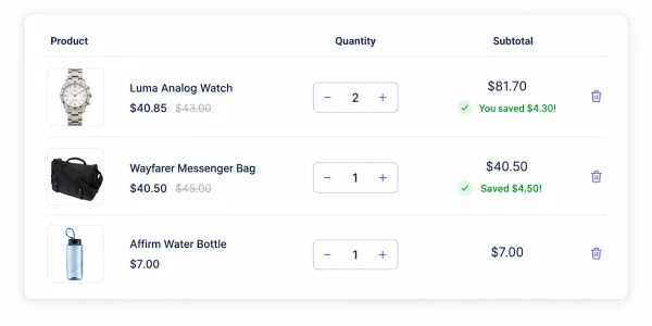 Cart savings message showing customer savings