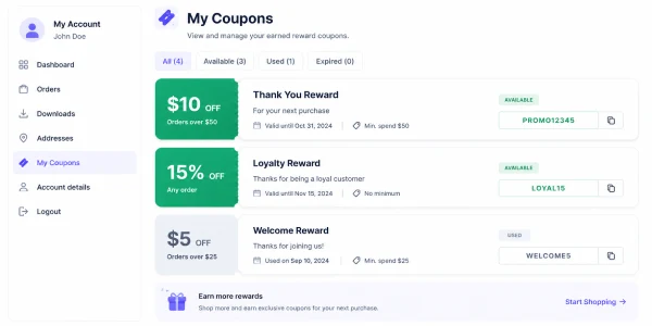 My Coupons account page showing earned reward coupons