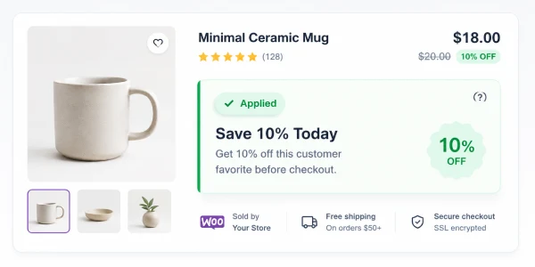 Product-page offer card explaining an active WooCommerce promotion