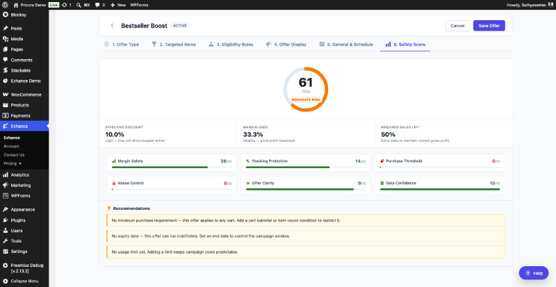 Ezhance Offer Safety Score panel showing margin safety, stacking protection, and risk ratings