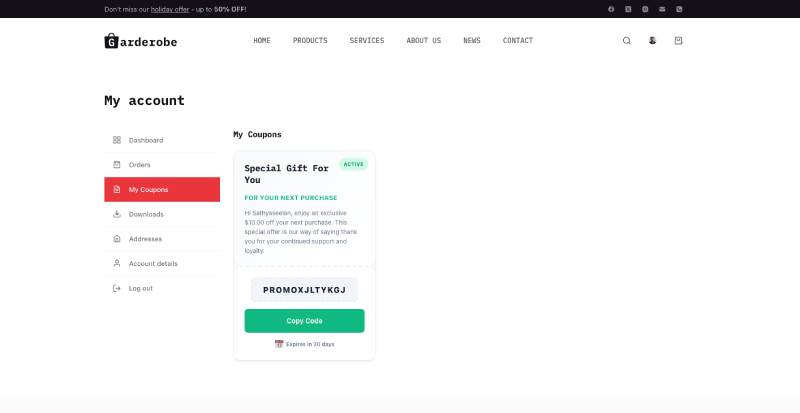 Ezhance order reward voucher on the WooCommerce thank-you page