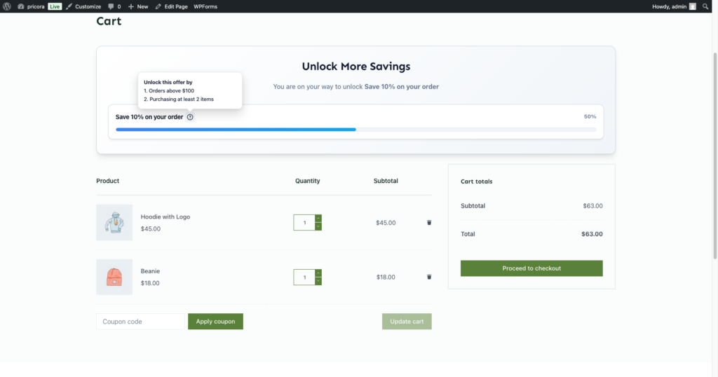 WooCommerce cart page showing a cart discount applied by Ezhance